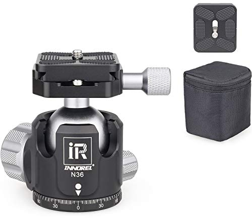 INNOREL N36 Rótulas Cabeza Bola de Perfil Bajo Cabeza Giratoria de Trípode de 360 Grados Rótula de Bola Metálica Carga a 20kg φ36mm Ballhead con 2 Plato de Liberación Rápida, Bolsa de Almacenamiento