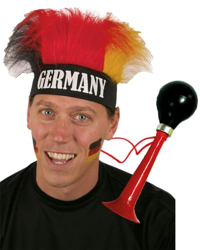 Karneval-Klamotten Tröte Fan Fußball-Tröte mit Perücke Deutschland schwarz rot Gold EM WM Herren Fußball Deutschland 2021