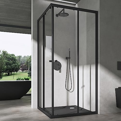 doporro Duschkabine 80x100x190cm Eckeinstieg Duschabtrennung glas Doppel Schiebetür ESG Glas Duschtür Ravenna 16K Plus schwarz