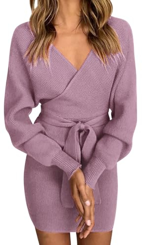 Vancavoo Vestito Maglioni Donna Abito Casual a Maniche Lunghe Invernali Elegante Abito in Maglia Scollo a V Pullover Elasticizzato Mini Abito con Cintura Autunno Inverno,Viola Chiaro,S