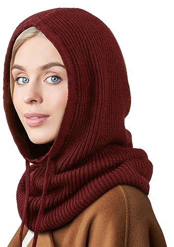 AQOKKA Hooded Scarf Hat Knit Balaclava Women Beanie Skull Cap with Drawstring Warm Winter Hats for Women Men Outdoor Sports