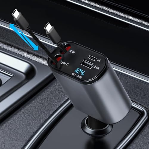 Einziehbares Auto Ladegerät, 100W Schnellladegerä, Auto Schnell Ladegerät, Zigarettenanzünder SteckerAdapter USB MultiPort kompatibel Galaxy S23/S22/S21/Google Pixel/7/6/HuaWei