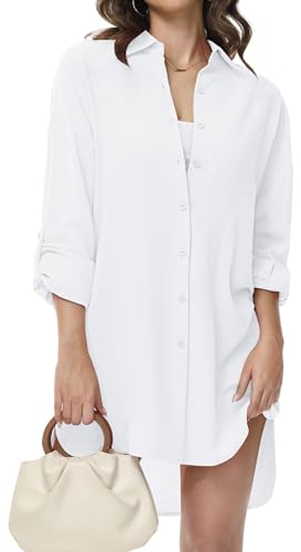 Tanmolo Damen Bluse V-Ausschnitt Hemdbluse Langarm Lässiges Hemd zum Knöpfen Langarmshirt Casual Oberteile Aufrollen Tops (Weiß,XXL)