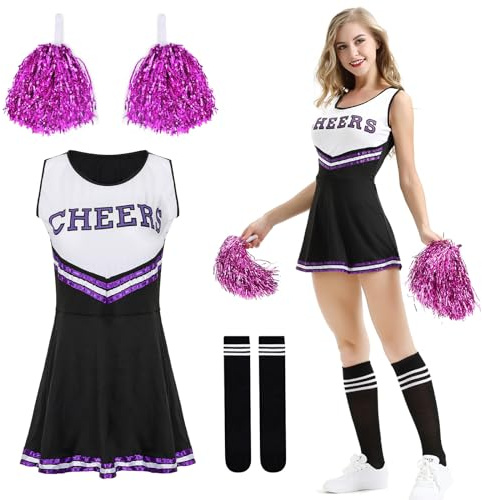 DAZZTIME Disfraz de Animadora para Mujer Adulta Talla-S, Uniforme de Cheerleader Con Pompones y Calcetines, para Halloween y Fiestas de Carnaval