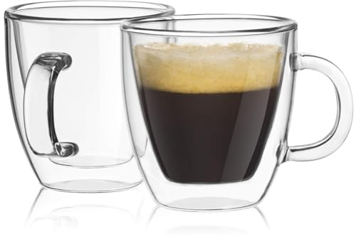 Keyoung Dubbelwandig Espressokopje Set of 2 Coffee Cups, Coffee Glasses 180 ml with Handle for Cappuccino, Latte Macchiato, Tea, Ice Cream, Milk, Beer