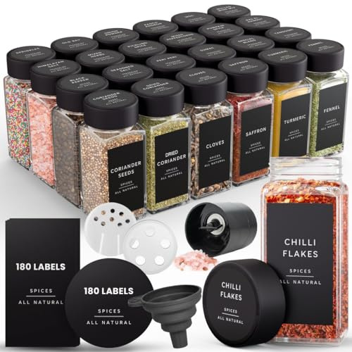 Livabl Bamboo Spice Jars with lids (120ml 24 pack) & Labels Glass Storage Jars with Bamboo Lids, 360 Minimalist Waterproof Spice Jar Labels- Airtight Kitchen Containers (Black)