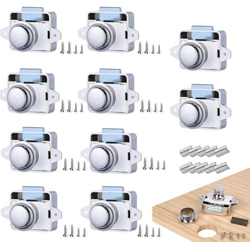 TOOSOAR 10 Piezas Cerradura de Pestillo con BotóN Pulsador,Cerradura de mueble 14-16mm,para Rv, Barco, Yate, Autocaravana, Armario, Puerta, Armario(Cromo brillante)