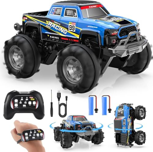 DEERC Amfibisk RC Monstertruck/Båt, IPX7 Vattentät Fjärrstyrd Bil med Gestkontroll, 2.4GHz 4WD RC Bil, 360° Rotation, LED-Ljus, 40 Minuters Speltid, Leksak för Barn 6-12 (Blå)