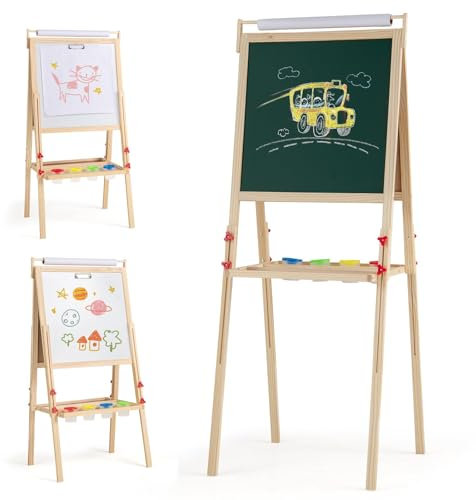 RELAX4LIFE Cavalletto per Bambini, Cavalletto Artistico in Legno con Altezza Regolabile, Cavalletto a Doppia Faccia con Rotolo di Carta, 2 Vassoi, 4 Tazze e Accessori Completi