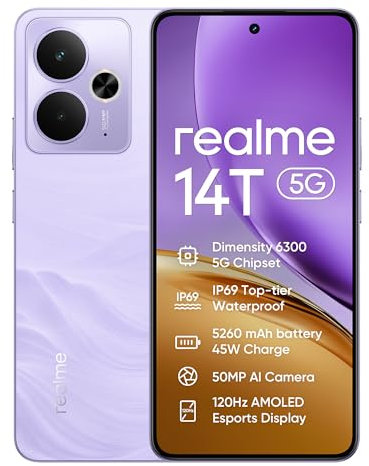 realme 14T 5G Smartphone Móvil 8+256GB, Morado Relámpago, Pantalla de 6.67 Pulgadas, Refresco de 120Hz, Batería de 5260mAh, Cámara de 50MP, MediaTek Dimensity 6300, Protección ArmorShell, IP69