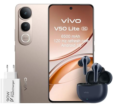 VIVO V50 Lite 5G Smartphone 8GB 256GB, 120Hz 6.77 AMOLED, 6500mAh Batería, Cámara Triple de 50 MP, MediaTek Dimensity 6300, Android 15, Dual Sim, NFC, Oro