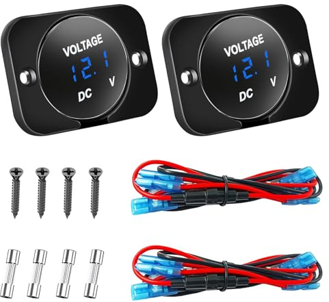 GTIWUNG 2 Pezzi Indicatore Voltmetro per Auto Impermeabile DC 12V 24V con Schermo Digitale a LED e Piastra di Montaggio, Misuratore di Tensione Rotondo LED Digitale con Display a Blu,per Barca ATV UTV