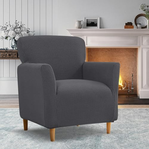 Sesselbezug mit Armlehnen Stretch – Elastischer Sessel Überzug aus Jacquard Strickstoff, Universelle Sesselhusse für Ohrensessel & Clubsessel, Waschbar, Schutz vor Flecken & Abnutzung (Dunkelgrau)