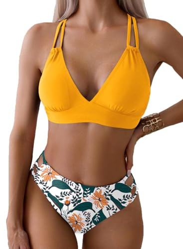 Yutdeng Bañador Dos Piezas Mujer Braga Alta Bikini Push Up con Aros Bikinis Reductor Barriga Talle Alto Vientre Plano con Pliegue Traje De Baño Mujer 2 Piezas Ropa de Baño Biquini,Amarillo,M