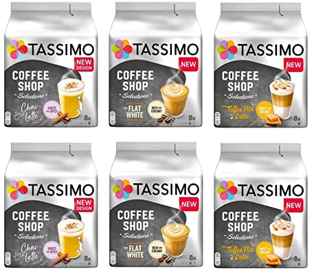 Tassimo Coffee Shop Selection - Coffee Shop Selections Chai Latte/Typ Flat White/Typ Toffee-Nut Latte Coffee Pods- 6 Packs (48 Servings)