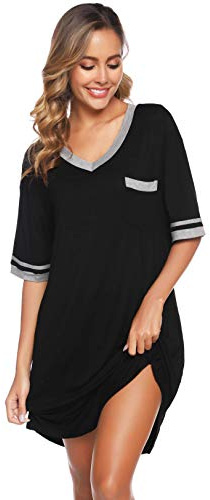 Vlazom Chemise de Nuit Femme Grande Taille T Shirt de Nuit Manche Courte Col V Robe de Nuit,XXL,Noir