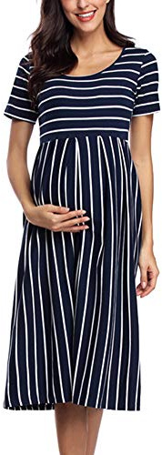 Love2Mi Vestido de maternidad de manga corta para mujer, casual, acampanado, vestido midi para embarazada, Rayas blancas y marinas, M