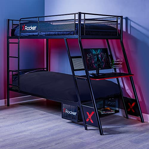 X-Rocker Armada 3ft Single, High Sleeper Bunk Bed - Sleeps 2, Gaming Desk & PC Storage Shelf, Fixed Ladder, Sturdy Metal Frame for Kids & Teens - Black - 90x190cm