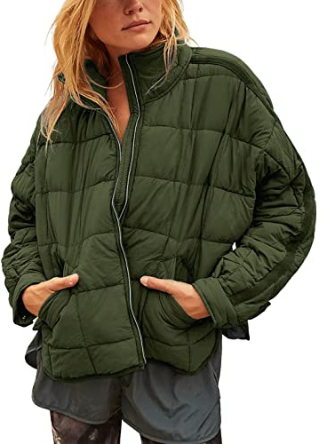 Watashi Women's Packable Puffer Jacket Long Sleeve Full Zip Lightweight Quilted Coat(ArmyGreen-M)