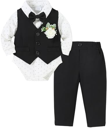 ZOEREA Ensembles Bébé Garçon Gentleman Smoking Vêtements, Enfant Mariage Vêtements Manches Longues Chemise + Gilet + Nœud Papillon + Corsage + Pantalon Noir, 3-6 Mois