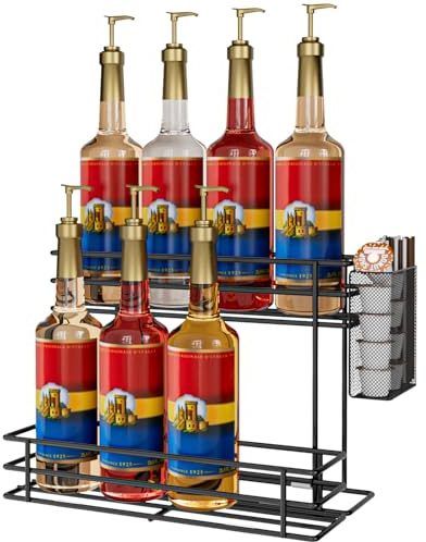 OVICAR Support de rangement pour sirop de café – 8 supports pour bouteilles de café et accessoires de station avec paille et panier à dosettes, 2 niveaux (noir)