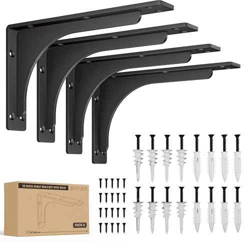 BATODA 10 x 6 L Bracket with Beam - Shelf Brackets Black 300 Lbs Capacity - Heavy Duty Shelving Brackets for Floating Shelves - Wall Mounted Support for DIY – Mounting Hardware Included (Pack 4)