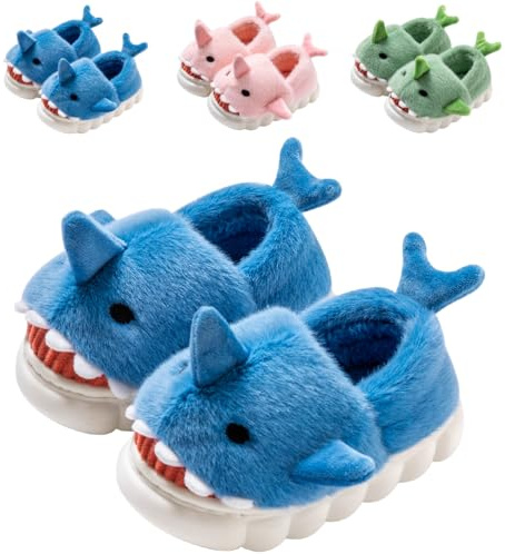 DRECAGE Chaussons Enfant Fille Garçon Pantoufle de Requin Peluche Souple Hiver Antidérapants Animaux Chaussures Bleu 22-23