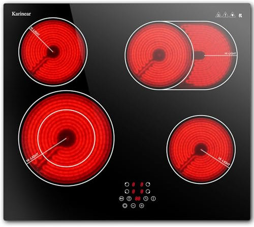 Karinear Glaskeramikkochfeld 4 Platten, Autark Kochfeld 60cm Einbau, Doppel- und Ovalzone, Touch-Steuerung, Herdplatte 4 Kochfelder, Timer, Kindersicherung, Pause, 6600W, 220V-240V, Kein Stecker
