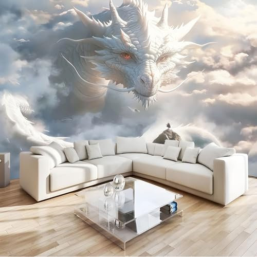 Cartoon Style 3D Photo Wallpaper Mural Mountain White Dragon Non-Woven Art Print Murals, Indoor Luxury Wall Painting for Living Room Tv Backdrop Kids Room Decor W300 X H210 Cm