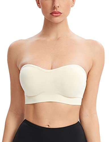 Gnowann Strapless Bras for Women Non-Slip Silicone Bandeau Bralette Seamless Wireless Strapless Bra Padded Tube Top Beige L