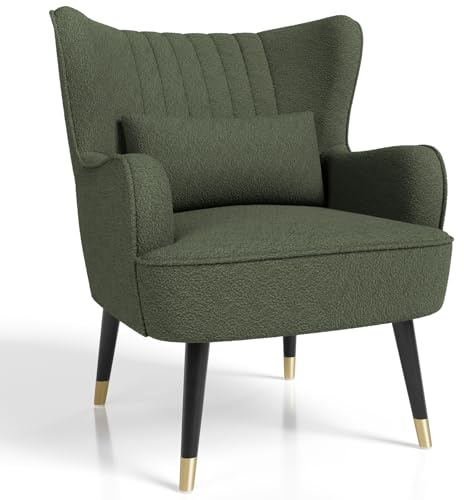 Vesgantti Teddy Fleece Accent Chair with Lumbar Pillow, Modern Wing Back Armchair Lounge Chair, Large Cuddle Chair for Living Room Bedroom Study Room Office(Army Green)