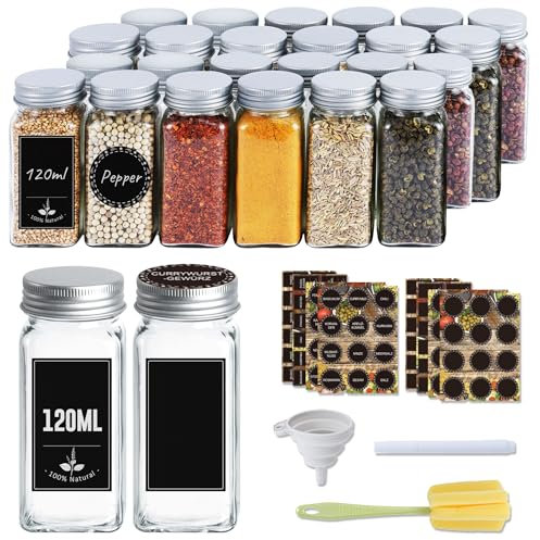 SUBTLETY Haushalt Gewürzgläser Set 12 Stück Gewürzstreuer mit Aluminium Deckel 120ml Gewürzbehälter mit Faltbare Trichter, Aufklebern, Reinigungsbürste & Markierstift Gewürzdosen (Silber)