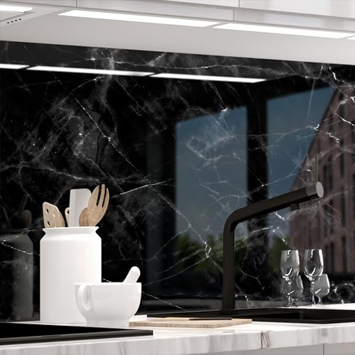 Stickerprofis Küchenrückwand hochglänzend ausgeführt - MARMOR BLACK - 1,8mm, Hartkunststoff, alle Untergründe, Spritzschutz, PREMIUM 60 x 340cm