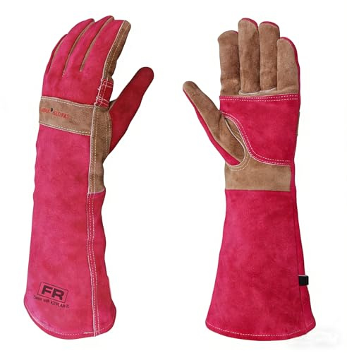 AOUCHI Gardening Gloves for Women, Long Thorn Proof Garden Gloves for Yard Work, Heat Resistant Leather Gloves for Welding, BBQ, Cooking, Fireplace, Chainsaw, Utility, Durable, Rose Red, M