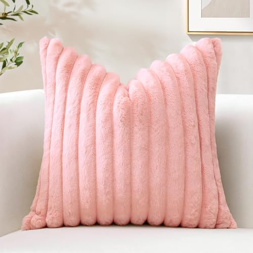 Sungeek 1 Pezzi Federe Cuscini 50x50 in Finta Pelliccia di Coniglio, Morbido Fodere per Cuscini Decorativi in Peluche a Righe in Velluto Copricuscini Cuscino per Divano Letto Soggiorno, Rosa