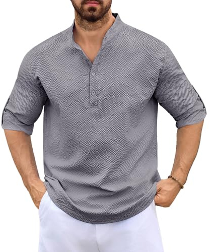 Lishang Camisa de Lin Hombre Manga Larga Camisas Verano Informal Casual Top Camisa de Ocio Playa Color Sólido T-Shirt Suelta Regular Fit Elegante