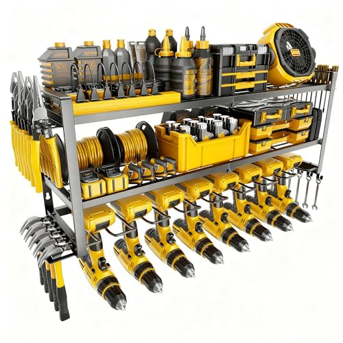Hision Wandhalterung für Werkzeug aus Schwerem Metall, 3 Ebenen Werkzeugregal mit 8 Kammern & Seitenhalterungen, Robuster Werkzeugspeicher Wandhalterung für Garage, Werkstatt, Haushalt