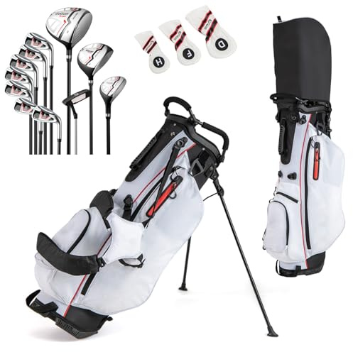 GYMAX Golf Clubs for Men Women, 12PCS Right Handed Complete Golf Set - 3 Woods (#1#3#5), 5 Irons (#5#6#7#8#9), Sand/Pitching Wedge, Putter, 3 Head Covers, Rain Hood & Stand Bag (Red)