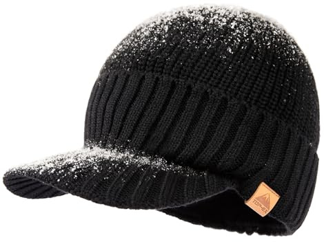 TOP-EX Dryknit Waterproof Merino Wool Peaked Beanie Hat for Men Women – Warm Winter Knitted Woolly Cap with Fleece Lined for Cold Weather Work Hiking – Black XL/XXL