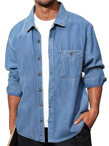 Generisch Camicia in jeans, da uomo, con bottoni, da cowboy, con tasca sul petto, per il tempo libero, leggera, per l'autunno, da lavoro, oversize, jeans, Bu2, 3XL