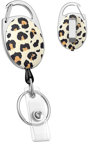 Uniclife Cute Retractable Keychain, Leopard Print Retractable Badge Holders Key Ring Extendable Badge Clip for Keys and ID Card, Heavy Duty Badge Reel with Carabiner