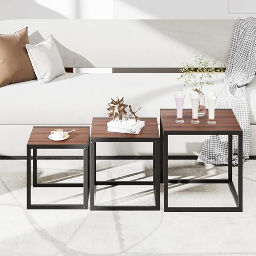 DUMEE Lot de 3 tables basses gigognes empilables, tables d'appoint de canapé, table basse en bois, pieds en acier et métal, pour salon, noyer