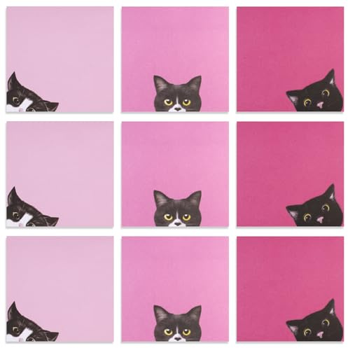 TESSTSY 9 block svarta kattklisterlappar set, 450 ark självhäftande klibbiga lappar med söta katter, självhäftande lappar katt, presenter till kattälskare (7,6 x 7,6 cm, rosa)