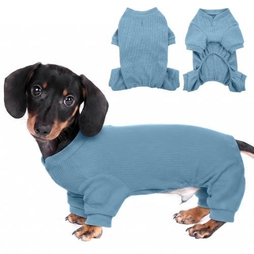 Hundkroppsdräkt – andningsbar husdjurspyjamas med ben, stretchig hundbody för fällning, mjuk återhämtningsdräkt alternativ till kon efter kirurgi, efter operation kirurgisk skjorta för små hundar, blå