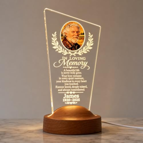 EternalEcho Personalised Photo Memorial LED Night Light with Wooden Base | Custom In Loving Memory, Acrylic LED Lamp, Sympathy and Remembrance Gift, For Loss of Loved One