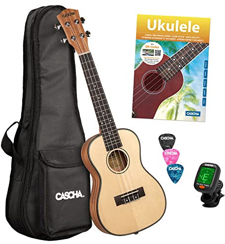 CASCHA Konzert Ukulele, Massive Fichtendecke, Solid Top, Hawaii Gitarre Starter Lern Set mit Zubehör, Aquila-Saiten, Anfänger Buch, Tasche, Stimmgerät und 3 Plektren
