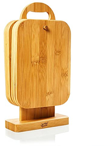 bambuswald© Set ecológico de 6 tablas de desayuno con soporte | 100% bambú sostenible - Tablas de desayuno, tablas de cortar, soporte para tablas de madera