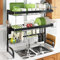 MAJALiS Over The Sink Dish Drying Rack, Large 3 Tier 304 Stainless Steel Dish Drainer Rack Organizer for Kitchen Shelf, Expandable Above Sink Dish Rack with 10 Hooks (Black - 25.5-35.5)