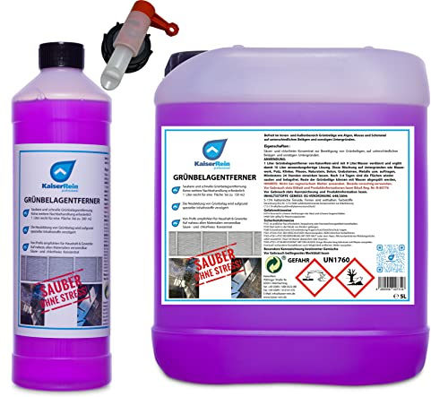 KaiserRein Profi Grünbelagentferner Moosentferner Algenentferner 5 L Kanister inkl. 1L Flasche und Hahn extrem ergiebiges Konzentrat 5 L ergibt 50 L (für bis zu 750 m²) Grünspan-Entferner
