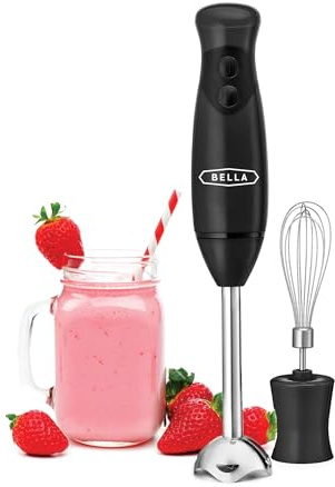 BELLA Immersion Hand Blender, Portable Mixer with Whisk Attachment - Electric Handheld Juicer, Shakes, Baby Food and Smoothie Maker, Stainless Steel, Black